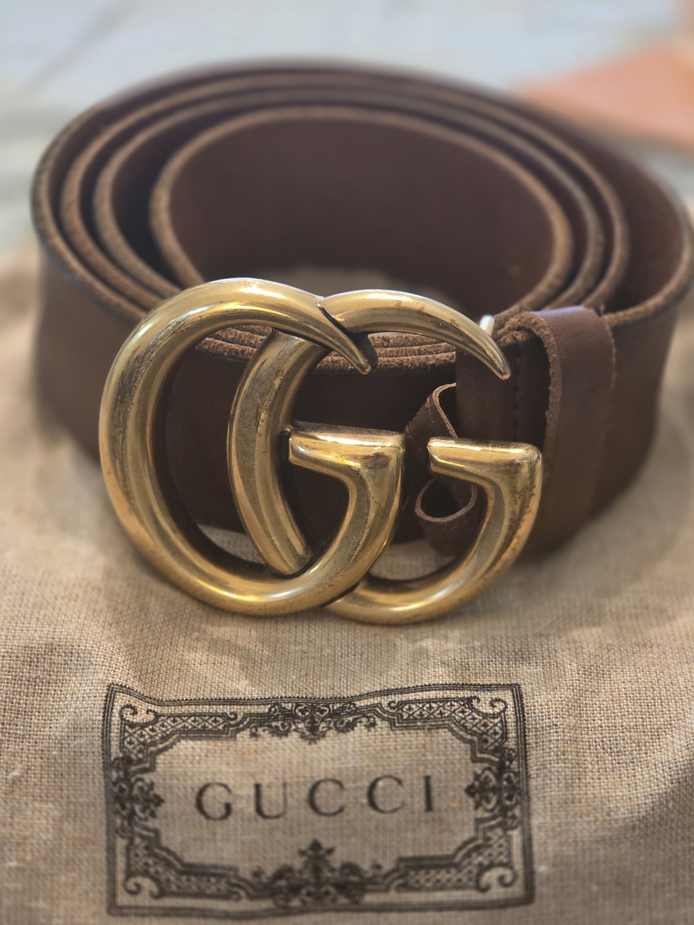 Gucci Brown Leather Belt with Gold Double G Buckle